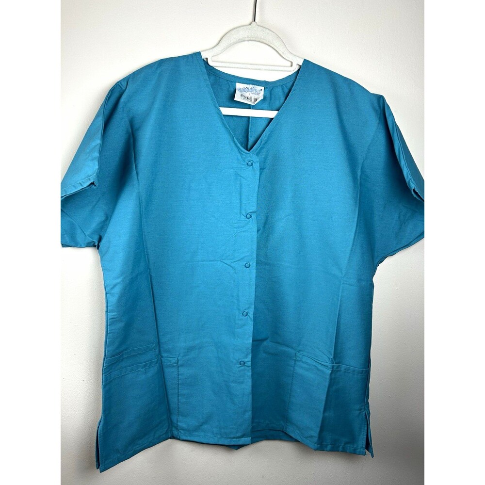 VTG 90s Fundamentals by White Swan Turquoise Blue Solid Scrub Top L Cotton Blend